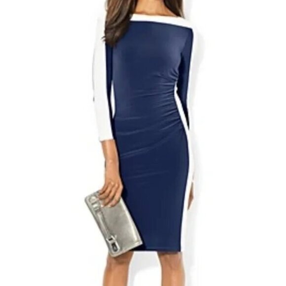 Ralph Lauren Color-block Navy and White Pull-on Ruched Dress, Size 8 - Picture 1 of 7